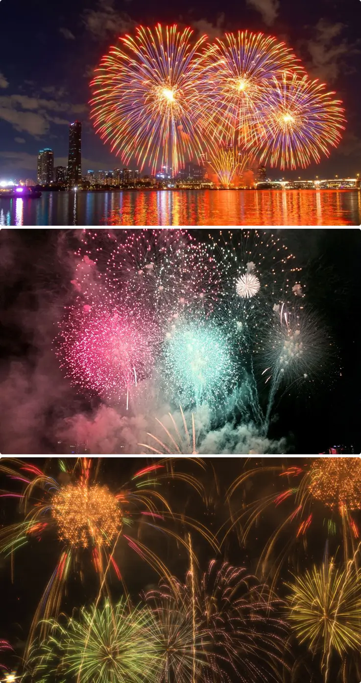 Brilliant multi-colored fireworks fill the night sky at the Seoul International Fireworks Festival