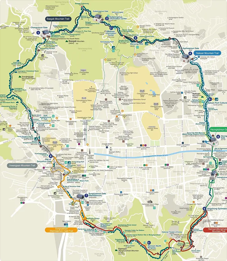 Seoul fortress wall trekking guide map