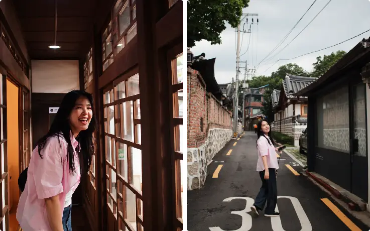 Photographer taking natural, candid photos of a traveler in Bukchon or Euljiro.