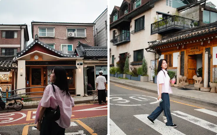 Traveler enjoying a relaxed snapshot session, walking naturally through Seoul streets.