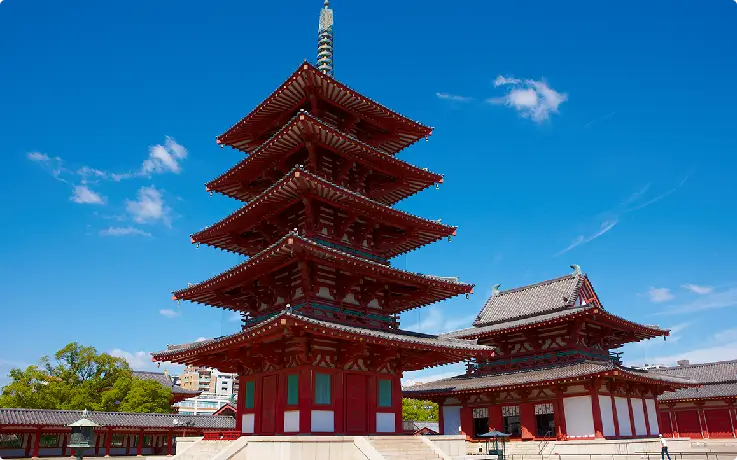 Traditional buildings and courtyard at Shitennoji Temple in Osaka.