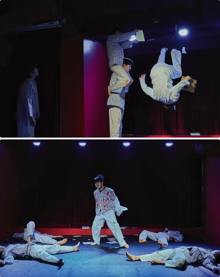 Martial artists performing a Taekwondo action show at Shows Hongdae.
