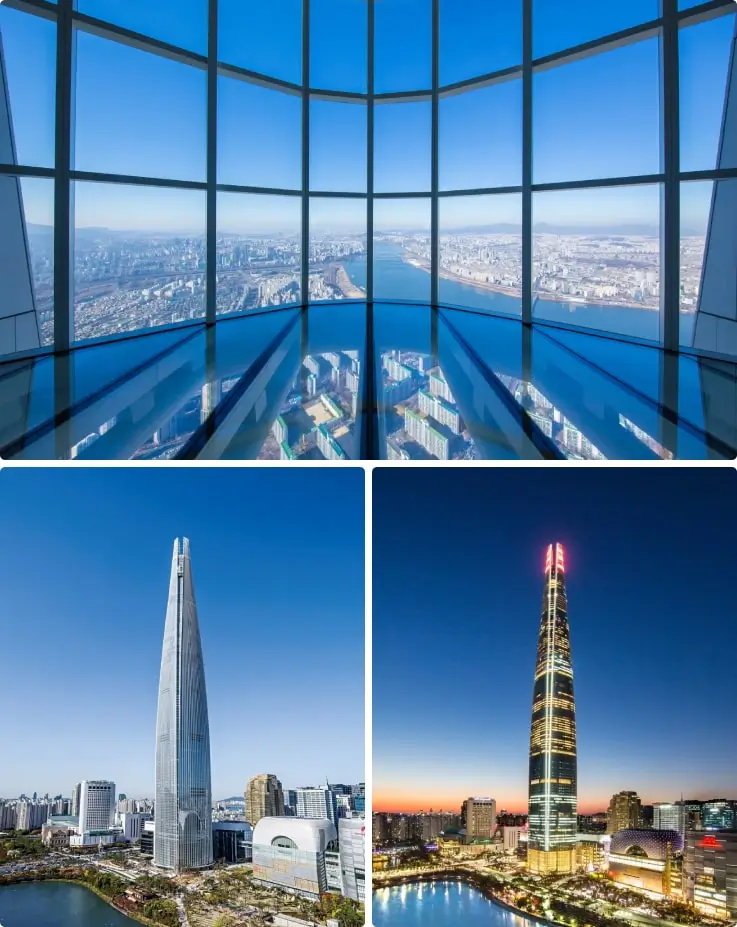Panoraic city views from Seoul Sky, full exterior on a clear day, and illuminated at night.