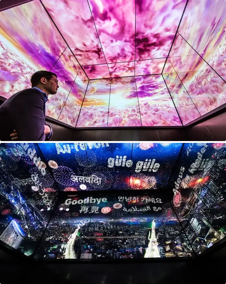 Panoraic city views from Seoul Sky, full exterior on a clear day, and illuminated at night.