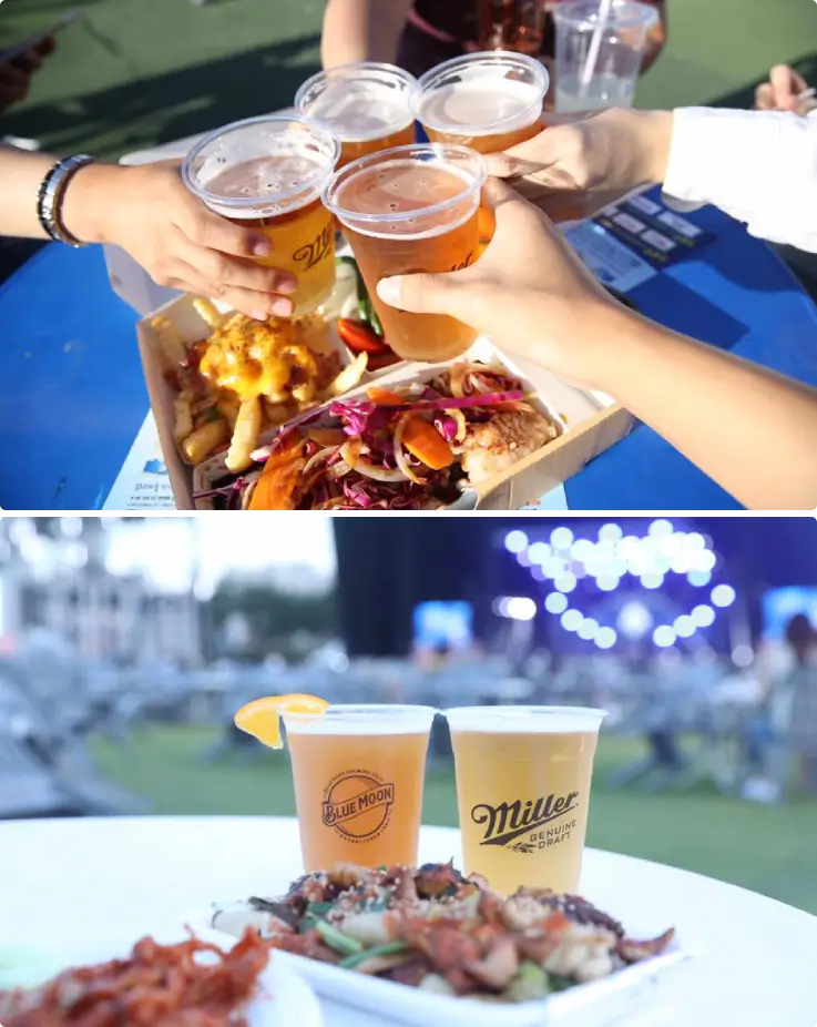 People toasting with beer at Songdo Beer Festival table with food