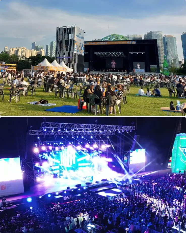 Table zone in front of stage at Songdo Beer Festival with beer, food, and live music