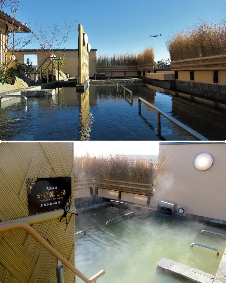 Outdoor onsen with views of airplanes flying near Narita Airport.