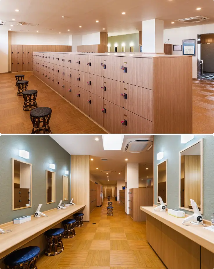 Clean changing room and powder room area with lockers and vanity mirrors.