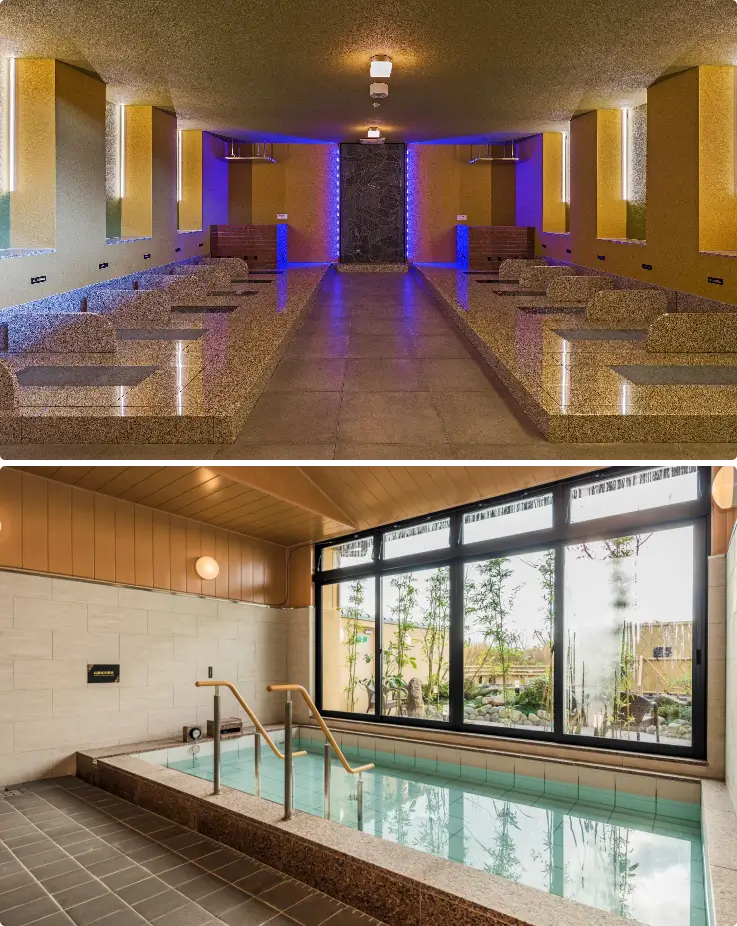 Indoor onsen baths with warm water and tranquil Japanese-style design.