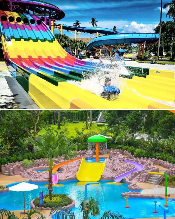 A variety of colorful water slides at Splash Jungle Water Park Phuket.