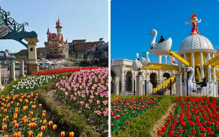 Colorful tulip gardens in full bloom at Lotte World Busan, with a castle in the background on the left and Swan Lake ride on the right, under a clear blue sky.