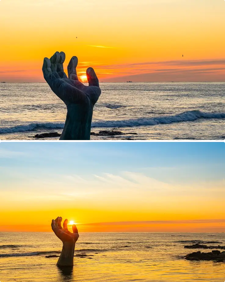 Sunrise at Homigot Sunrise Square with the Sangsaeng Hands sculpture in Pohang