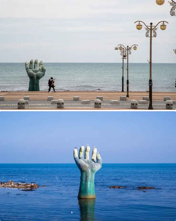 Sunrise at Homigot Sunrise Square with the Sangsaeng Hands sculpture in Pohang