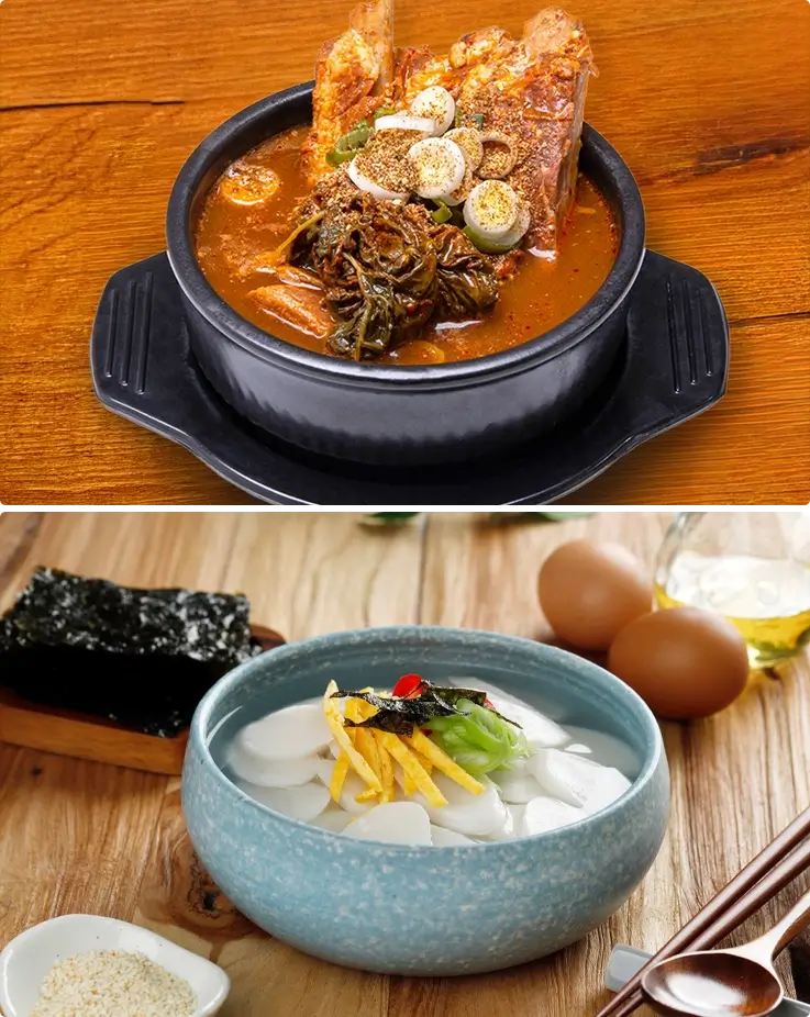 Pork soup with rice on top and rice cake soup on the bottom