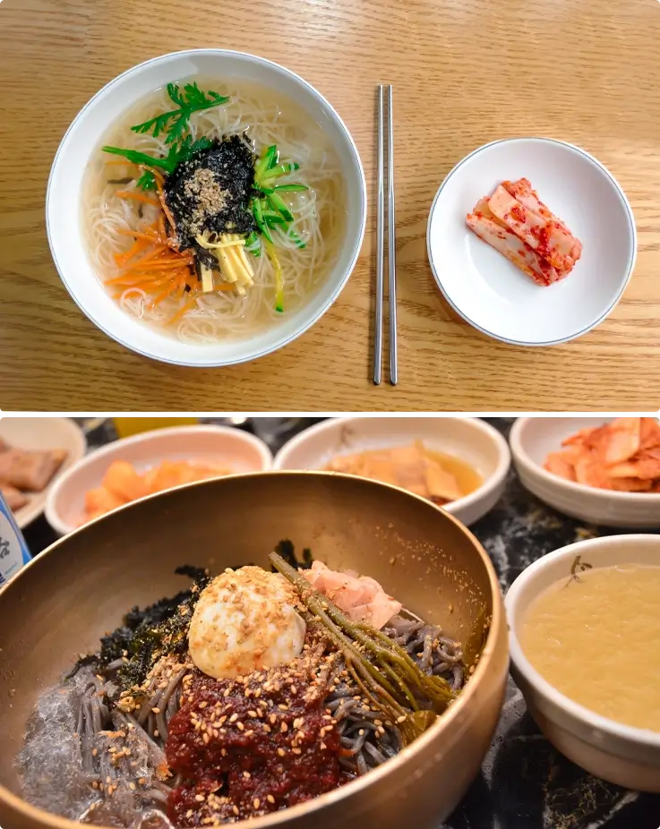 Noodle with anchovy broth on top and buckwheat noodles on the bottom