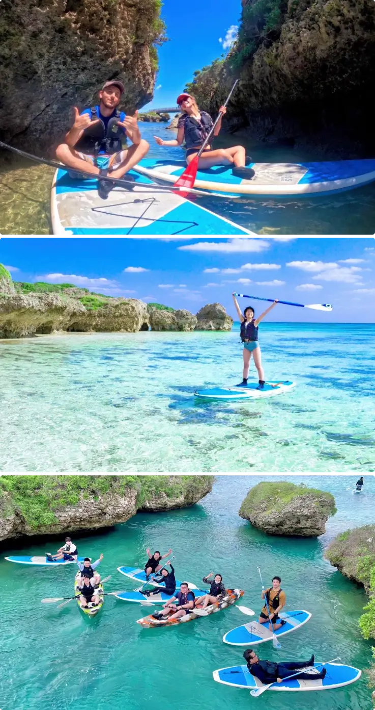 Person paddling on a stand-up paddleboard in Miyakojima's blue waters.