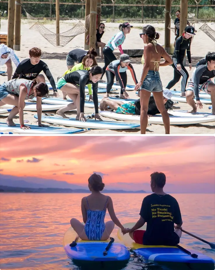Visitors experiencing surfing and SUP at Surfyy Beach