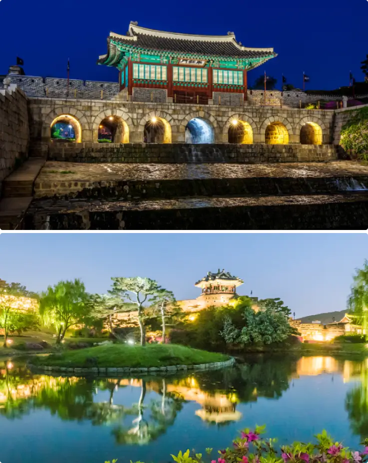 Illuminated Hwaseong Haenggung and Banghasuryujeong pavilion at night in Suwon.