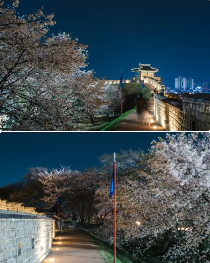 Illuminated Hwaseong Haenggung at night in Suwon.