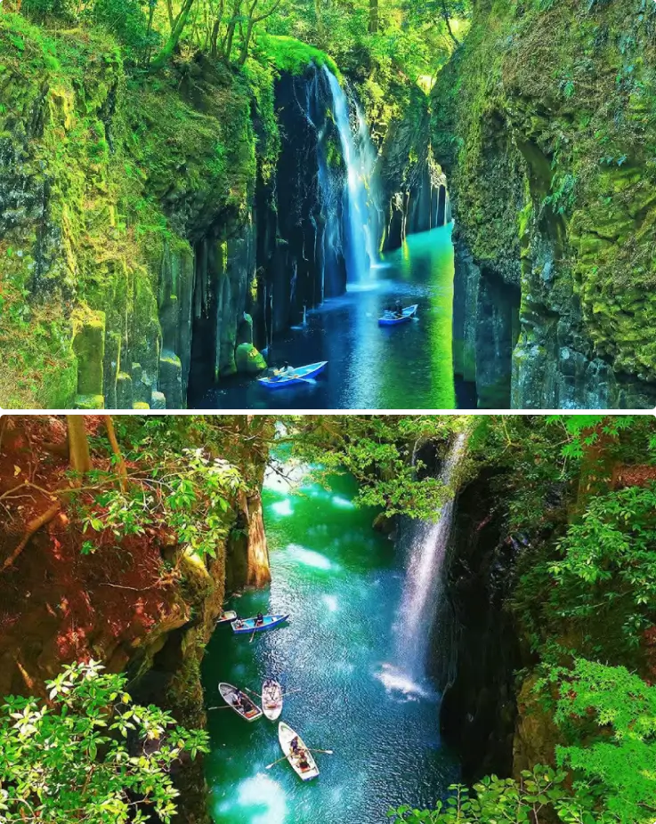 Steep basalt cliffs and emerald river at Takachiho Gorge in Kyushu