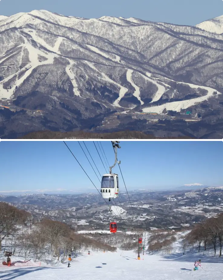Panoramic view of snow-covered mountains under clear blue skies at Takasu Snow Park.