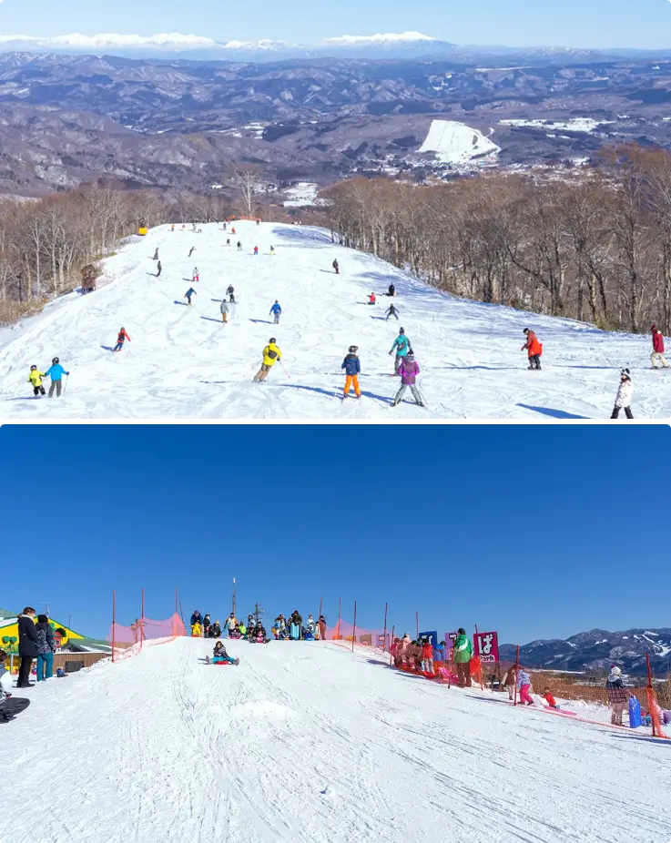 Skiers and families enjoying skiing and sledding on snowy slopes at Takasu Snow Park.