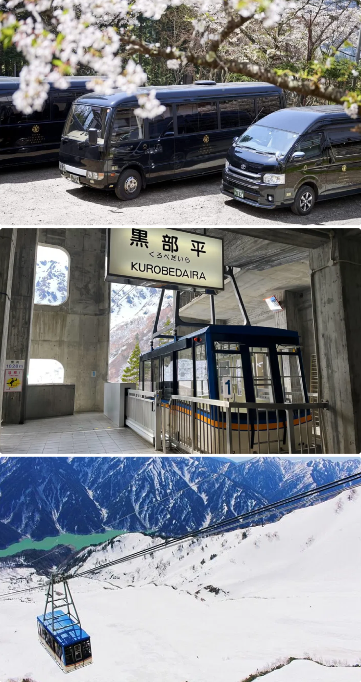 Various transportation methods used to reach the Tateyama-Kurobe Snow Walls