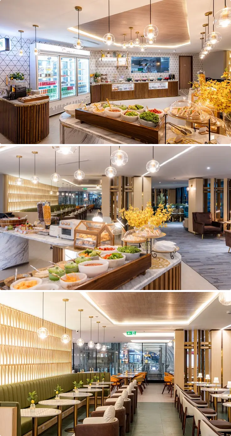 Comfortable seating and buffet food at The Coral Cosmo Lounge in Bangkok international terminal
