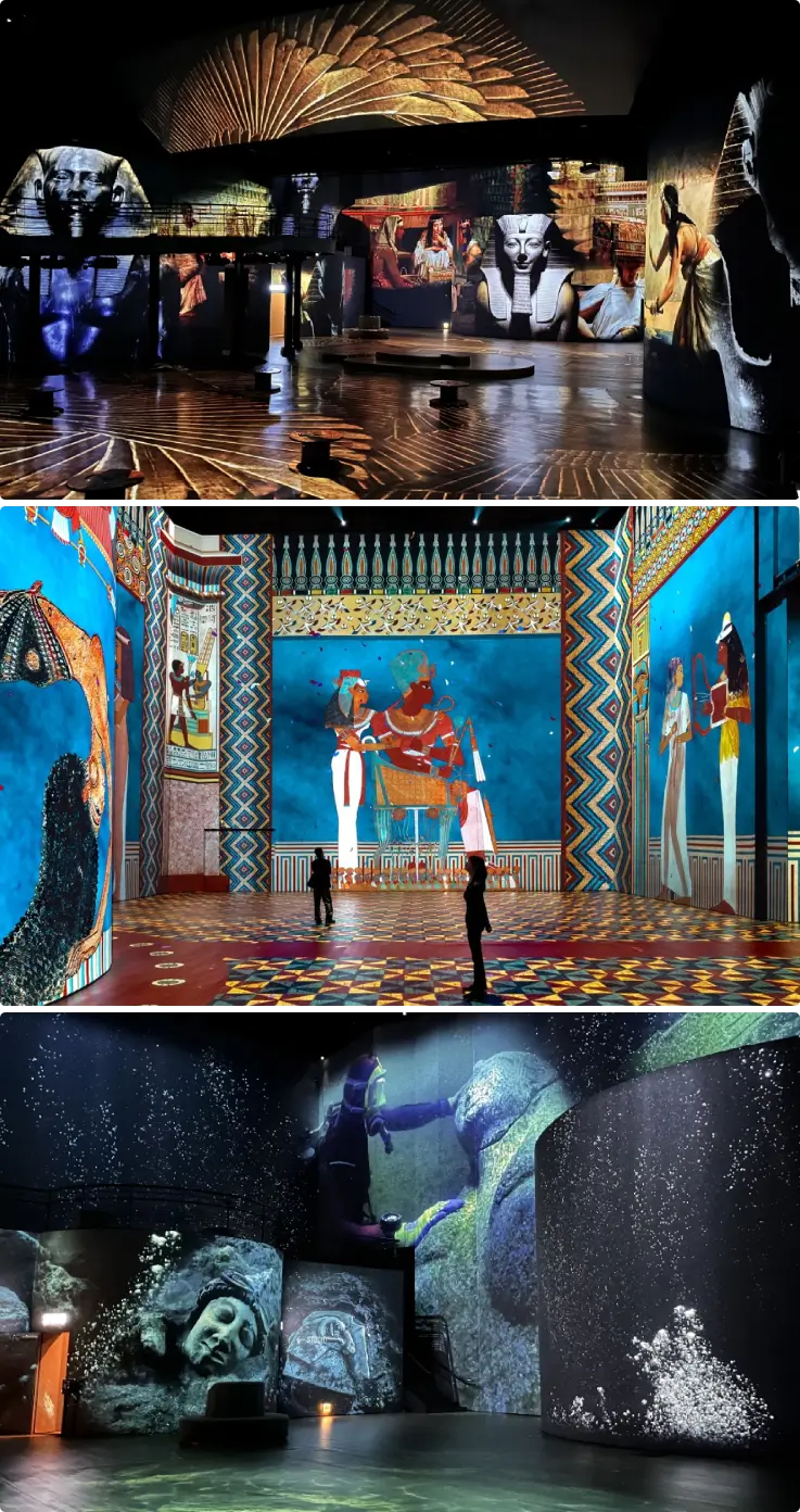 Immersive ancient Egypt exhibition with digital pyramids and temple projections at Theatre des Lumieres