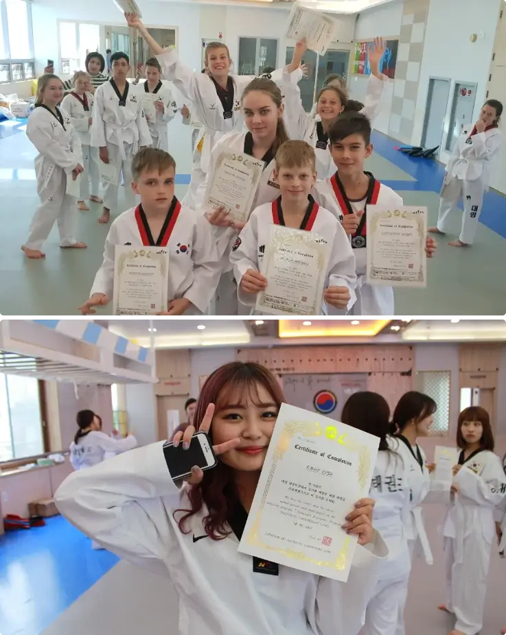Taekwondo completion certificate held by participant after training in Busan