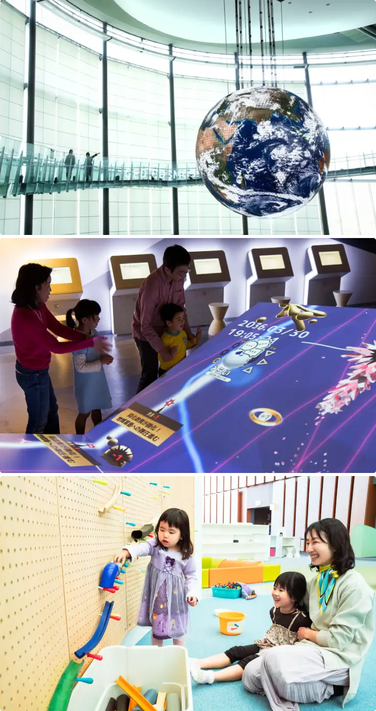 Children enjoying the exhibitis at Tokyo Miraikan.