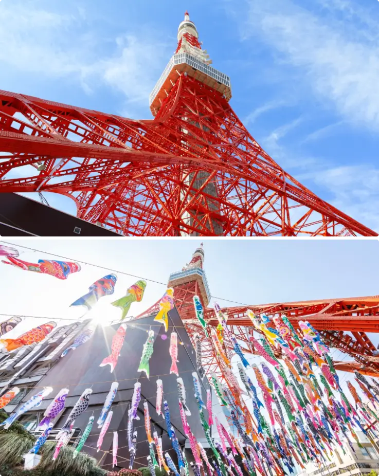 The iconic Tokyo Tower, a 333-meter tall red and white steel lattice tower inspired by the Eiffel Tower.