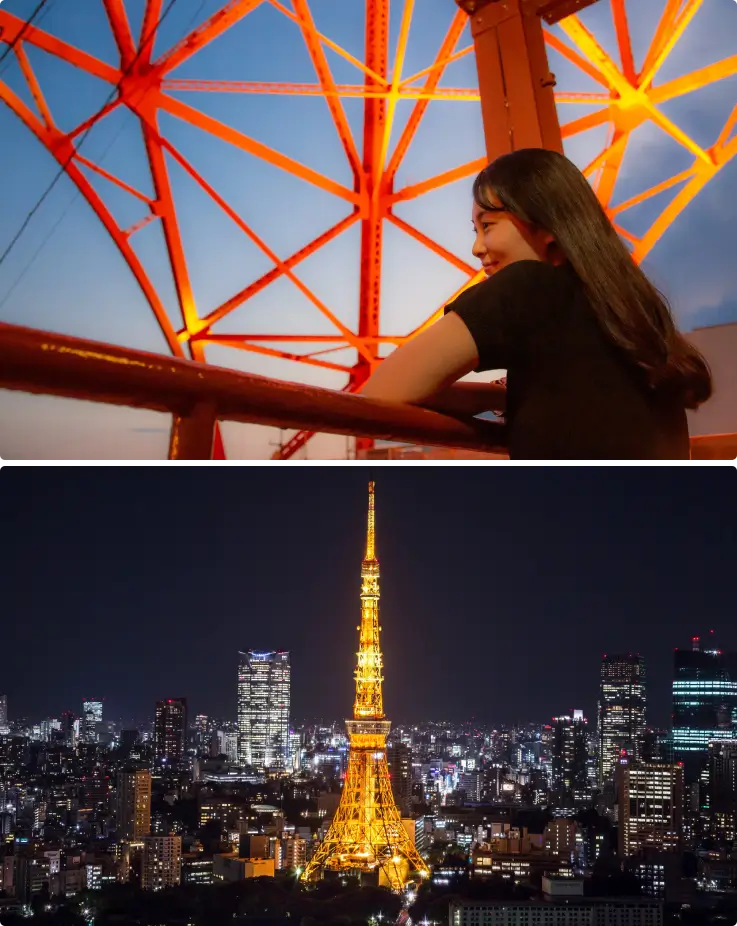 Tokyo Tower illuminated with a warm orange glow at night.
