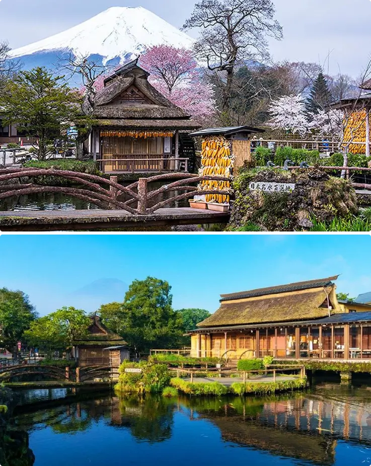Clear spring water ponds and traditional houses at Oshino Hakkai near Mount Fuji