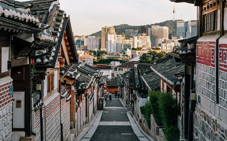 Bukchon Hanok Village lined with traditional Korean hanok houses.