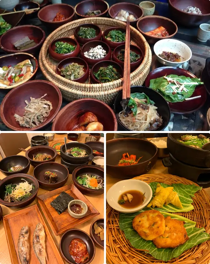 Traditional Korean meal included on a gourmet food tour around Bukchon Hanok Village.