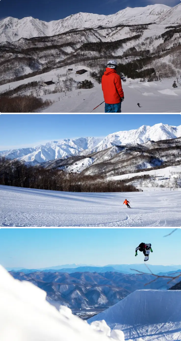 Panoramic snowy mountain scenery from the top of Tsugaike Kogen Ski Resort.