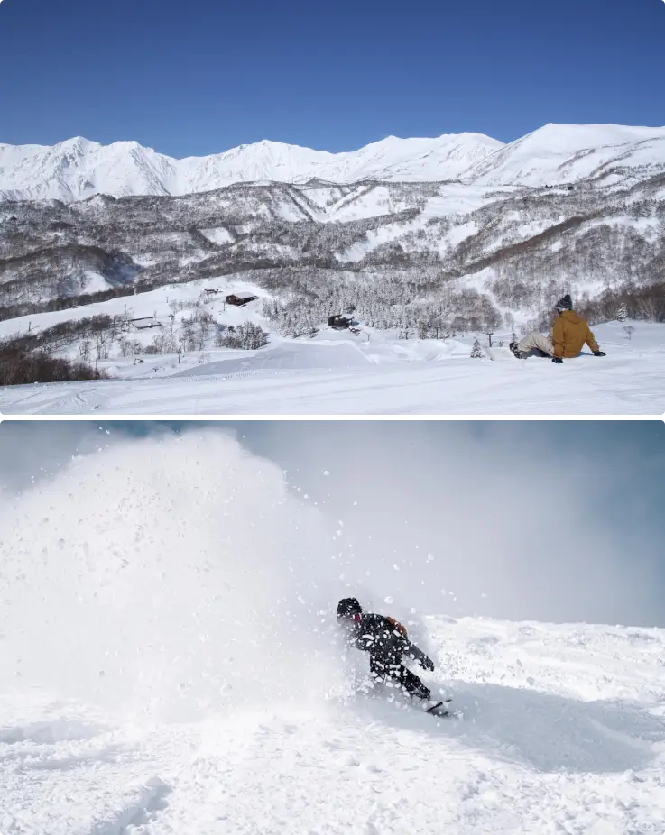 Skiers and snowboarders enjoying the slopes with beautiful mountain scenery at Tsugaike Mountain Ski Resort.