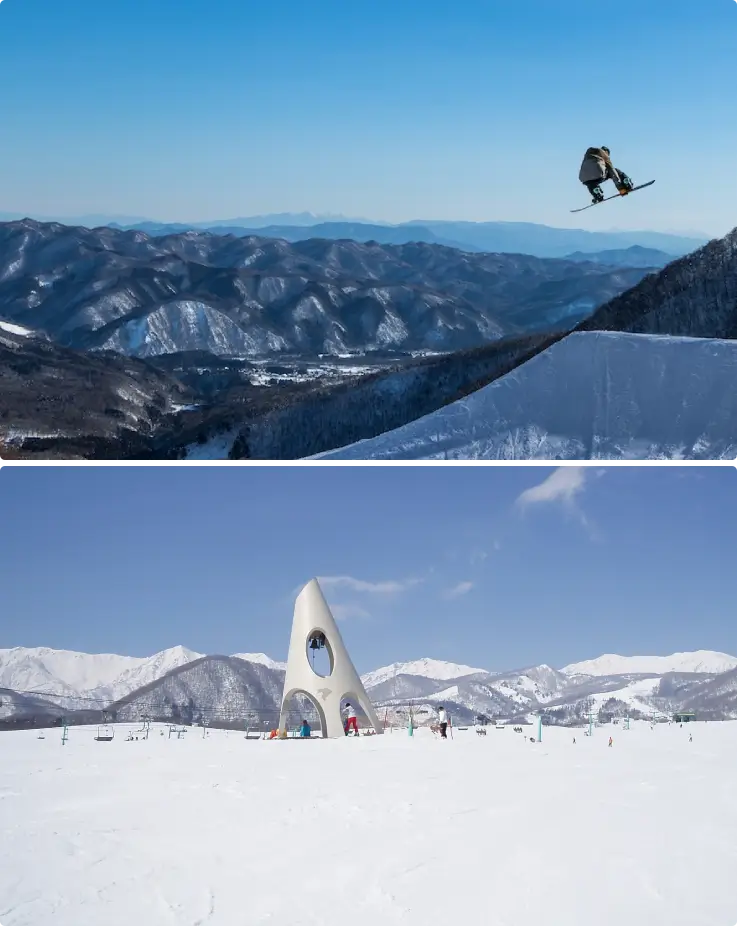 Snow-covered landscape and ski slopes at Tsugaike Mountain Ski Resort in Hakuba Valley.