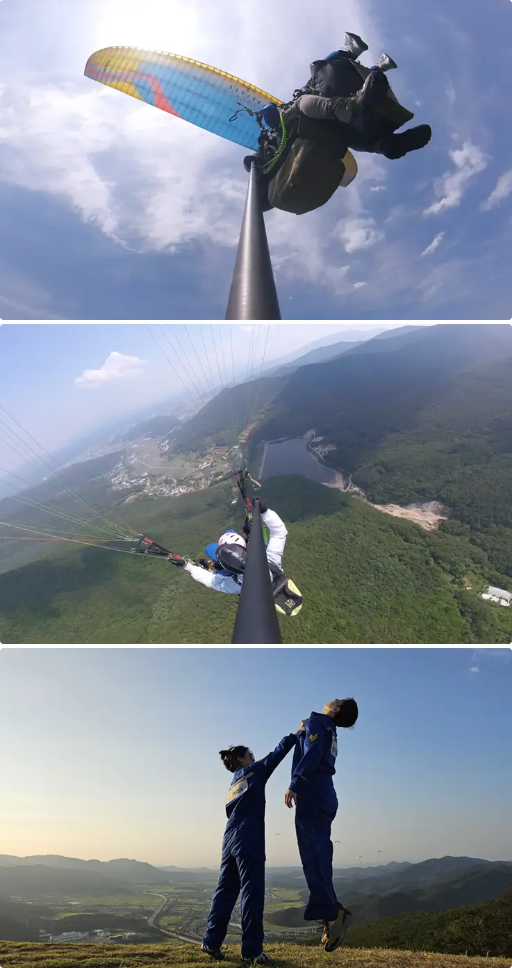 Mid-air view of a tandem paragliding flight in Ulsan, Korea.