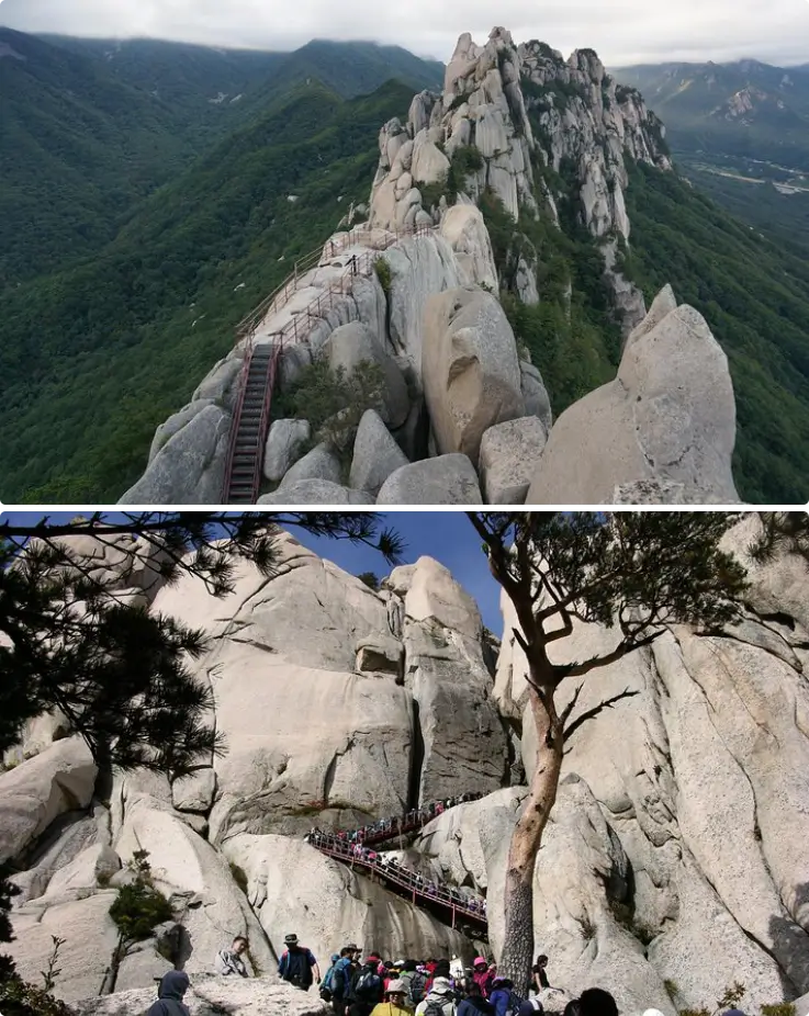 Hikers hiking up Ulsanbawi Rock Peak of Seoraksan Mountain.