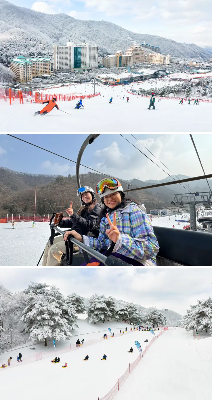 Visitors skiing and snowboarding on the slopes at the top, visitors riding the gondola in the middle, and visitors snow sledding at Snowy Land in Vivaldi Park Ski Resort