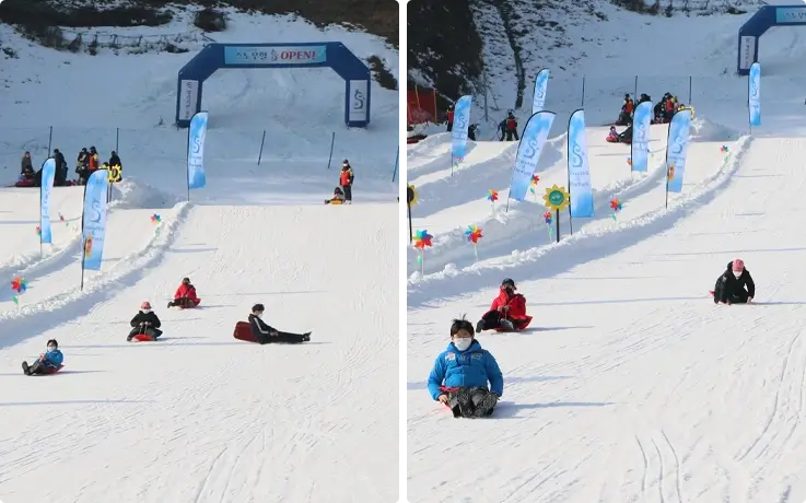 Visitors snow sledding at Elysian Gangchon Ski Resort