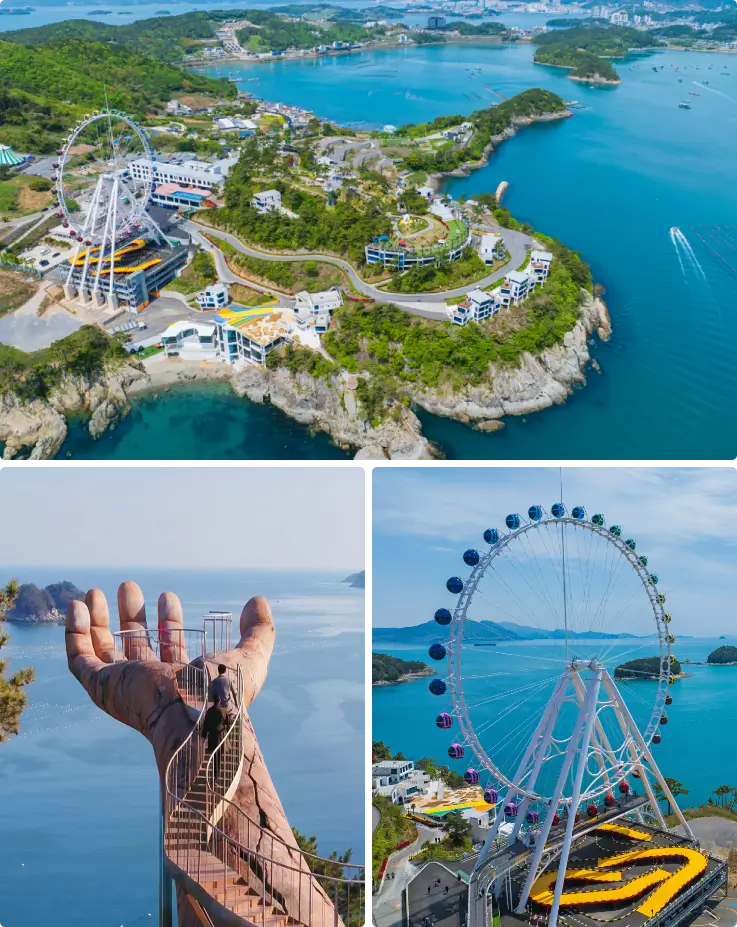 Outdoor art installations and ocean-view photo zone at Yeosu Art Land Culture & Resort.