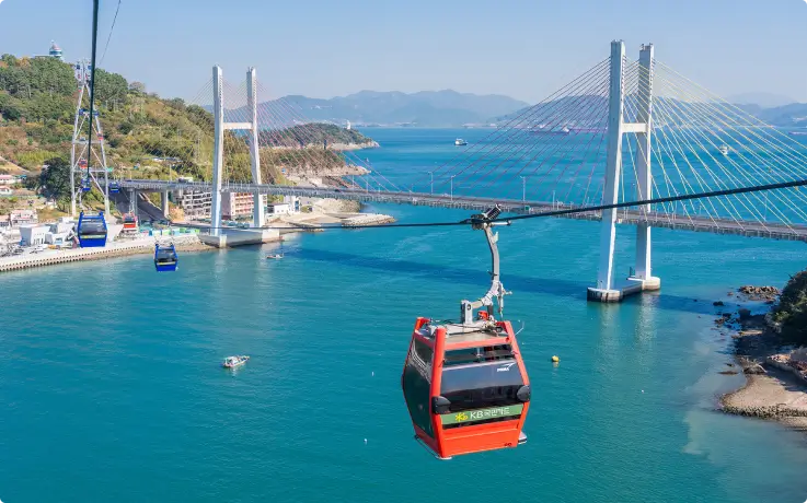 Yeosu Marine Cable Car gliding over the ocean with panoramic coastal views.