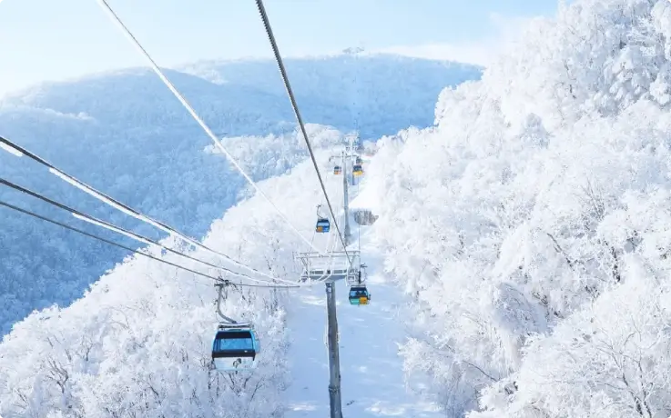 Balwangsan Cable Car moving through snow-covered mountain scenery.