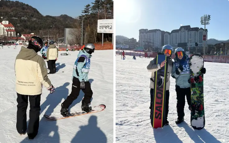Beginner snowboard lesson at Yongpyong Resort with instructor guidance on snowy slopes