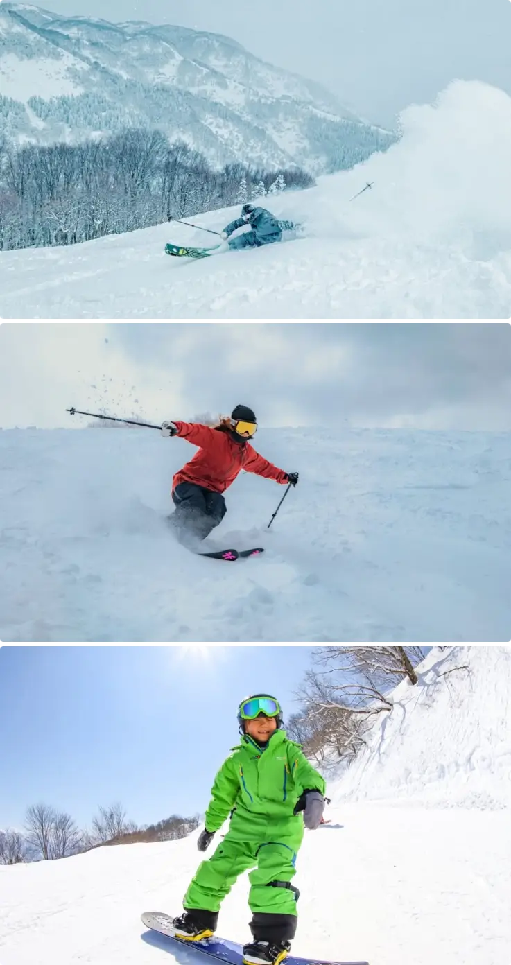 Skiers and snowboarders enjoying Yuzawa Kogen’s snow-covered slopes under clear winter skies.