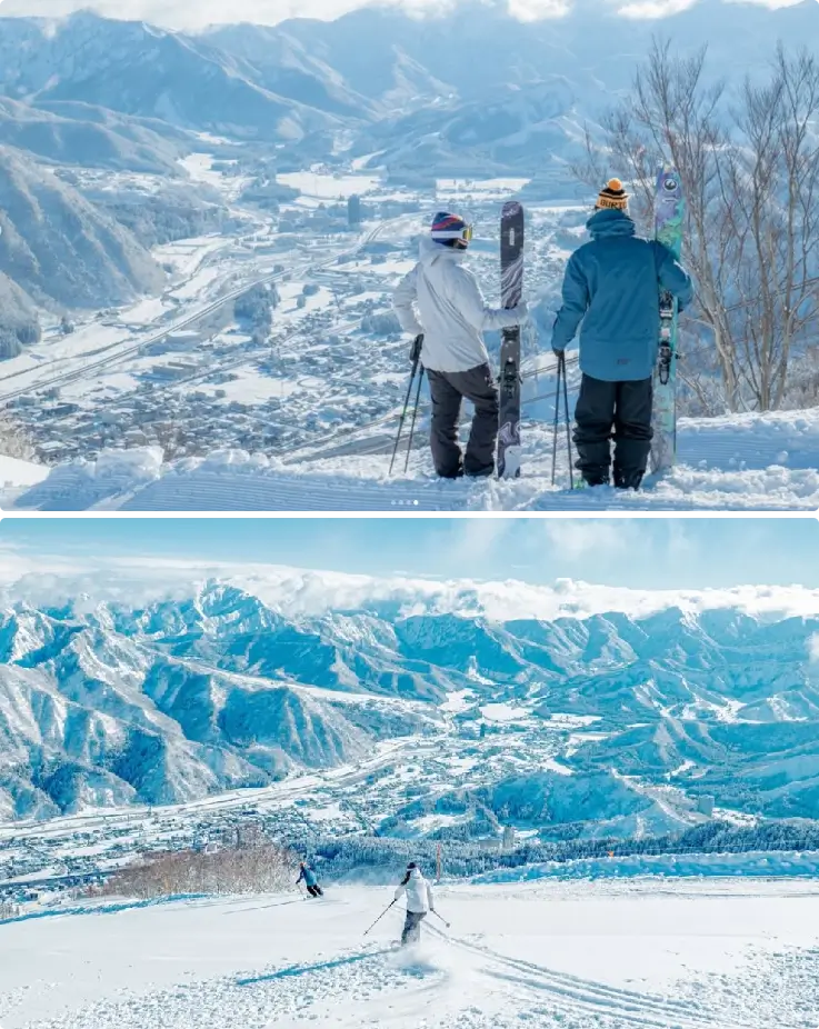Panoramic mountain view from the top of Yuzawa Kogen Ski Resort showing snow-covered peaks and valley scenery.