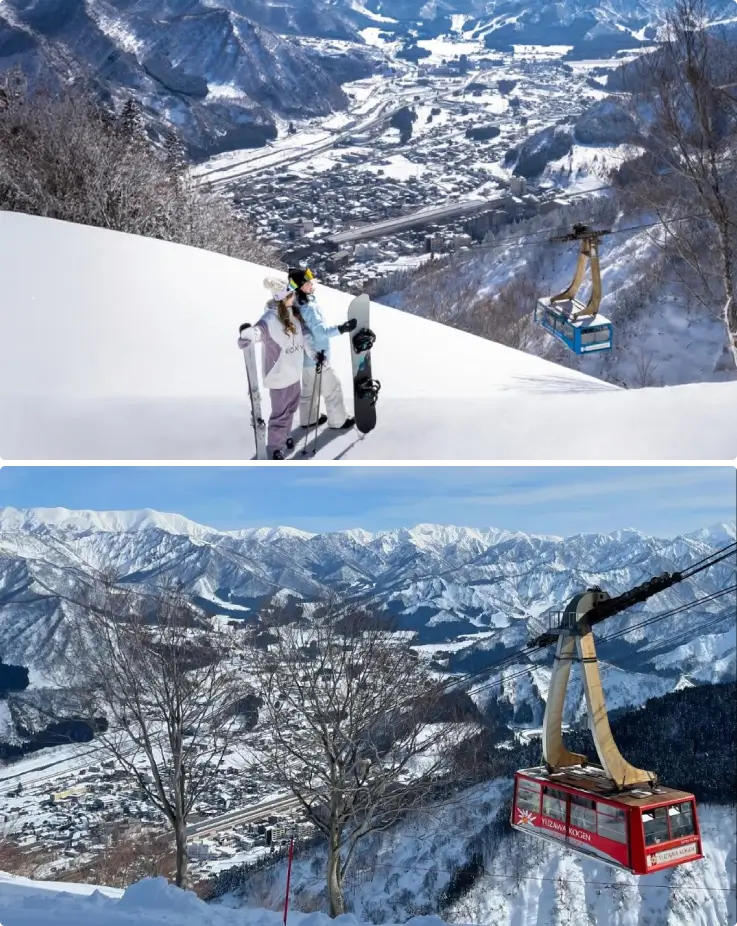 View from Yuzawa Kogen summit overlooking snow-covered mountains, showcasing a seamless ski experience with rentals and lift access.